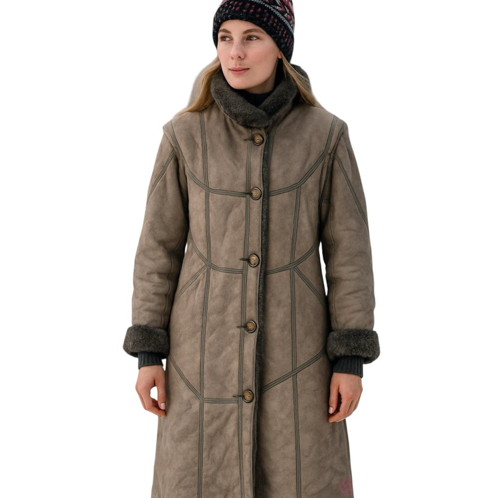 FINNFANT Vintage Shearling Leather Afghan Coat Grey Taupe Finland Penny Lane S/M
